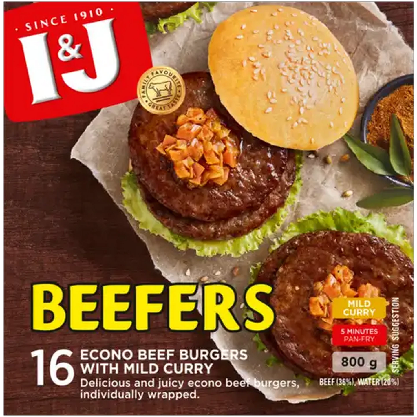 Image of I&J Beefers Mild Curry Frozen Econo Beef Burgers 800g