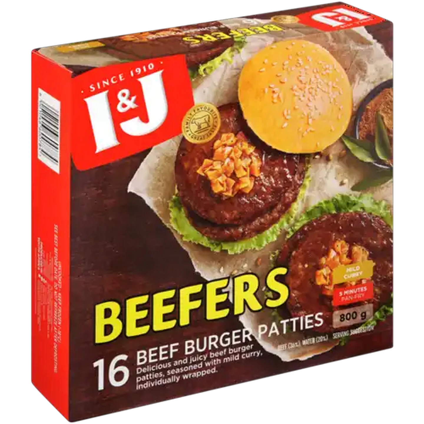 Image of I&J Beefers Mild Curry Frozen Econo Beef Burgers 800g