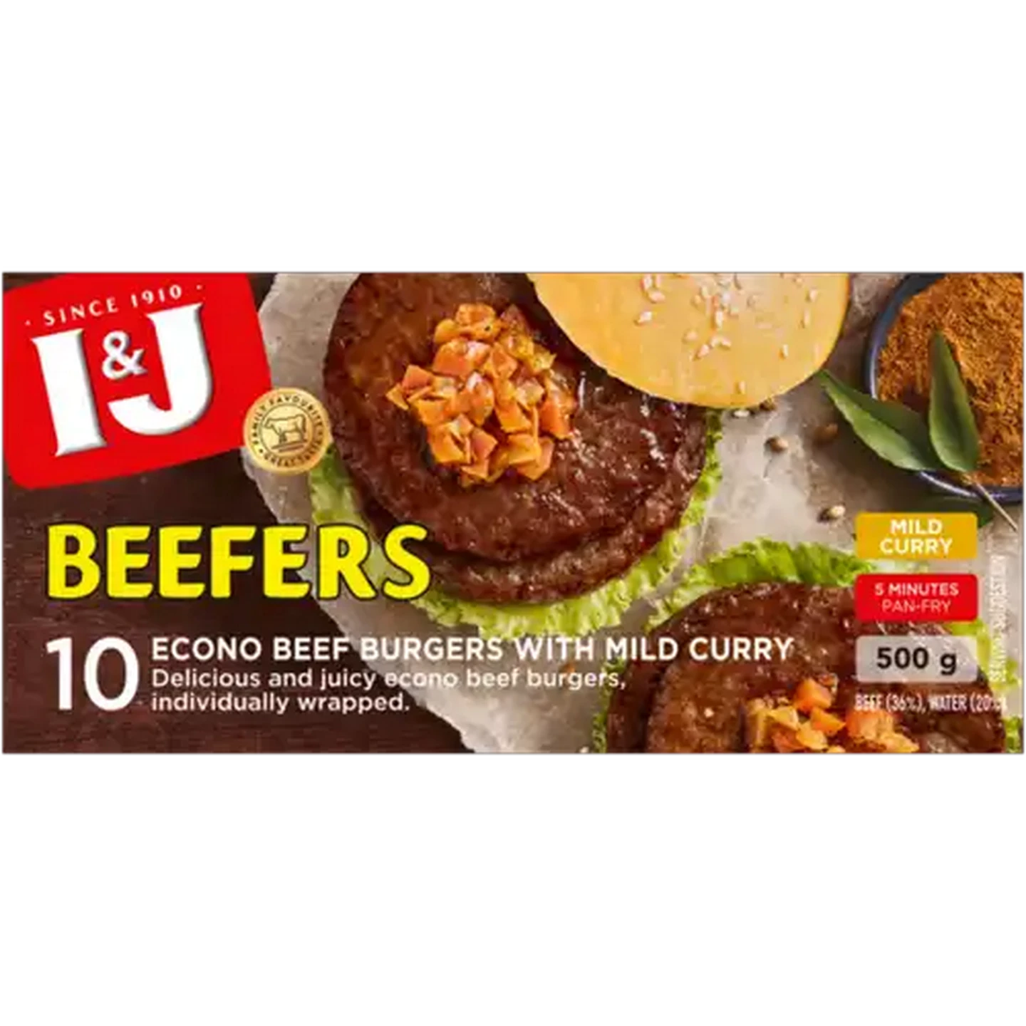 Image of I&J Beefers Mild Curry Frozen Econo Beef Burgers 500g