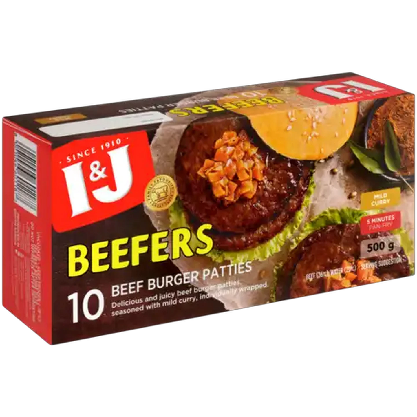 Image of I&J Beefers Mild Curry Frozen Econo Beef Burgers 500g