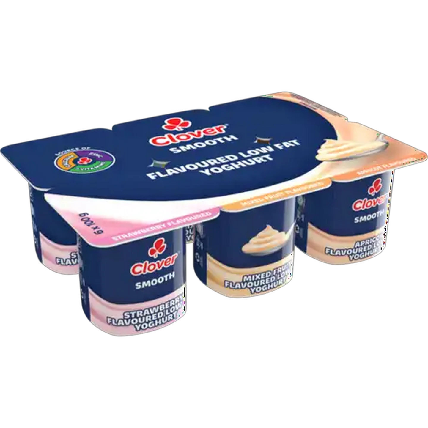 Image of Clover Strawberry, Mixed Fruit & Apricot Flavoured Low Fat Smooth Yoghurt 6 x 100g