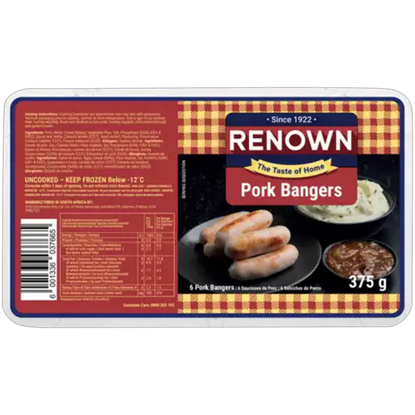 Image of Renown Frozen Pork Bangers 375g