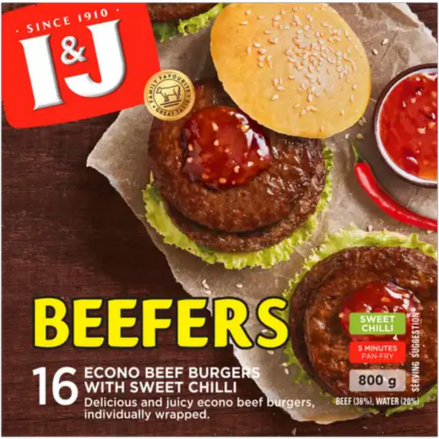 Image of I&J Beefers Sweet Chilli Frozen Econo Beef Burgers 800g