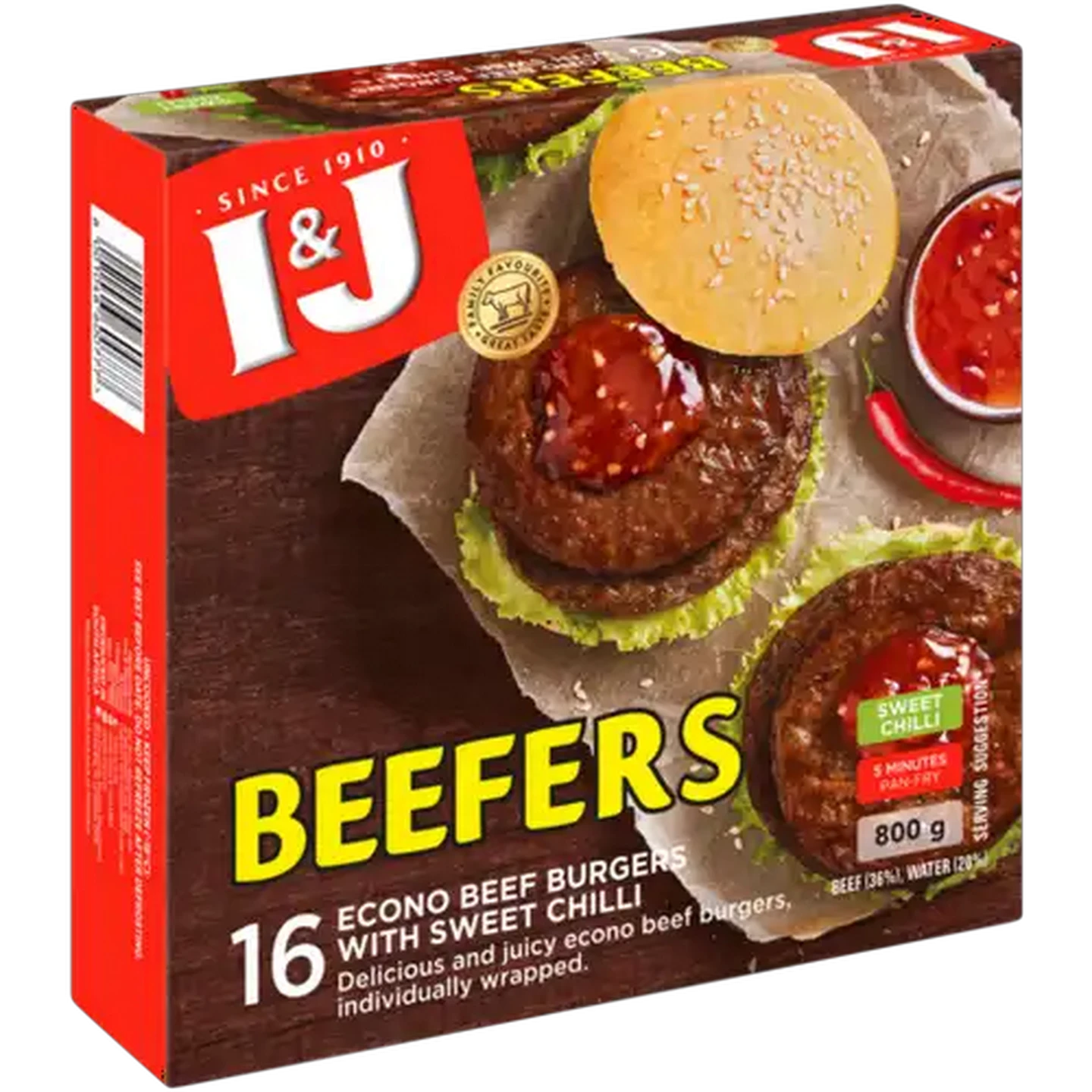Image of I&J Beefers Sweet Chilli Frozen Econo Beef Burgers 800g