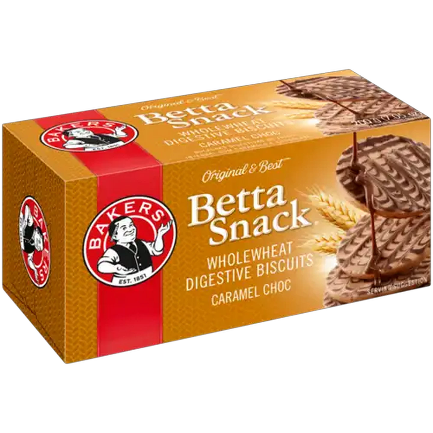 Image of Bakers Betta Snack Caramel Chocolate Flavoured Wholewheat Digestive Biscuit 200g