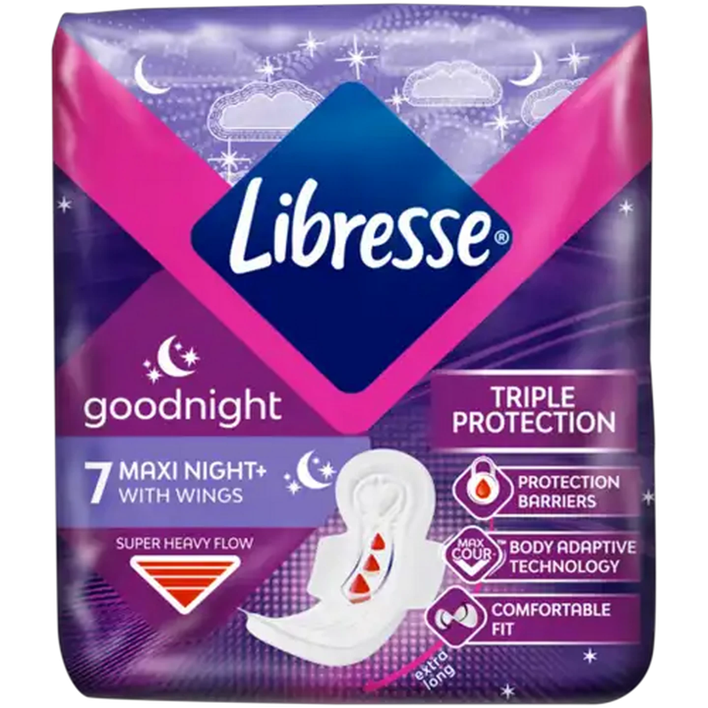 Image of Libresse Super Heavy Flow Maxi Night+ Sanitary Pads with Wings 7-Pack