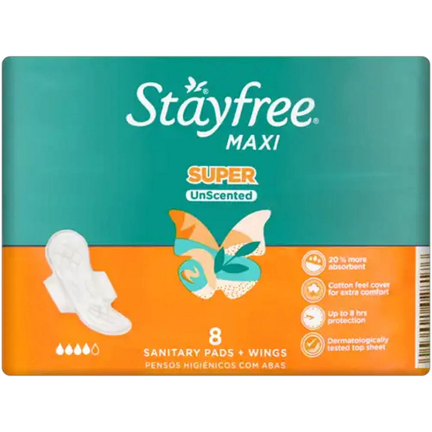 Image of Stayfree Maxi Unscented Super Sanitary Pads For Heavy Flow Wings 8 Pack