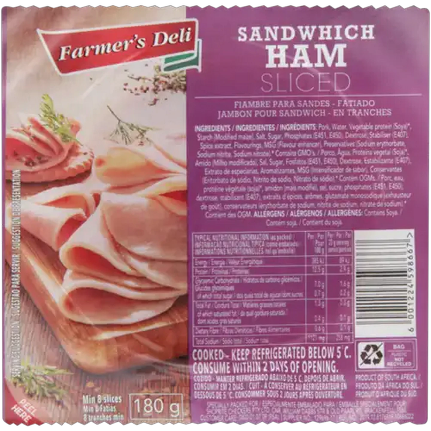 Image of Farmer's Deli Sliced Sandwich Ham 180g