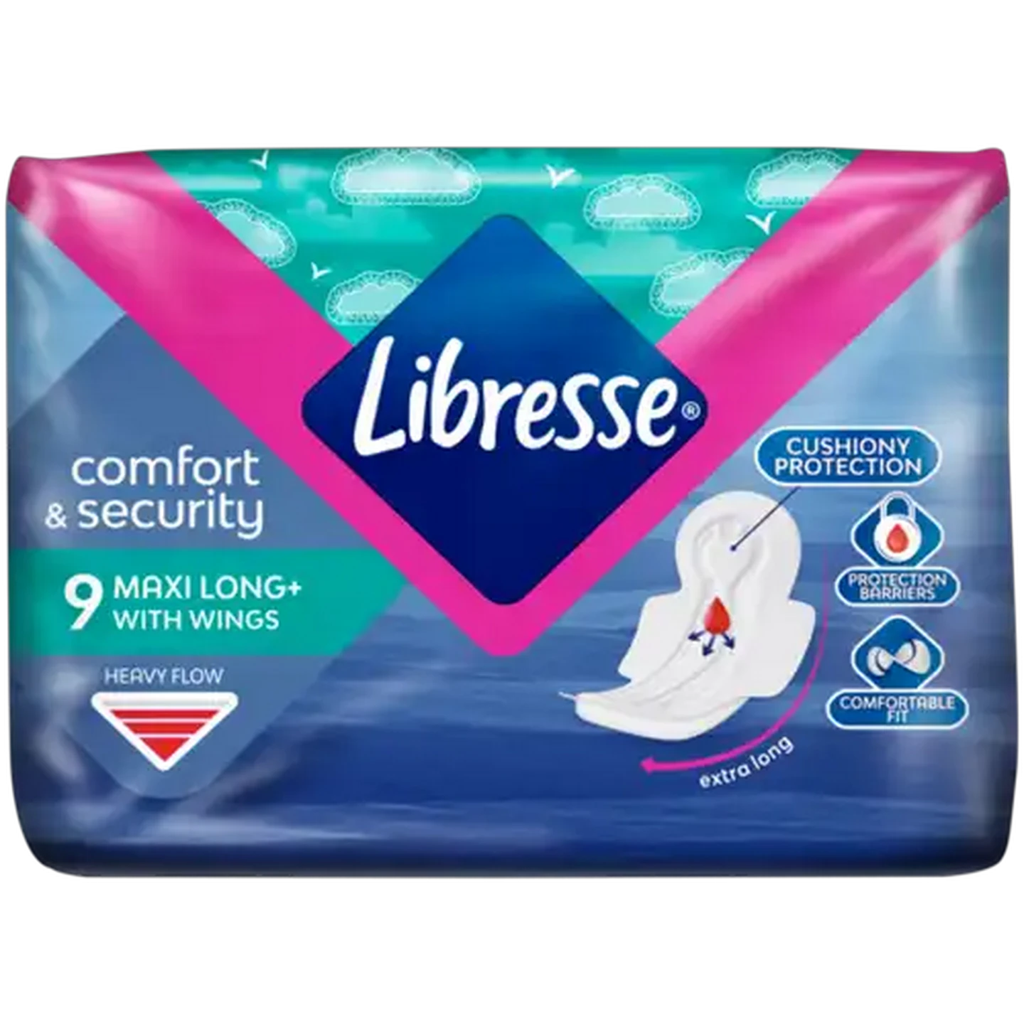 Image of Libresse Heavy Flow Maxi Long+ Sanitary Pads with Wings 9 Pack