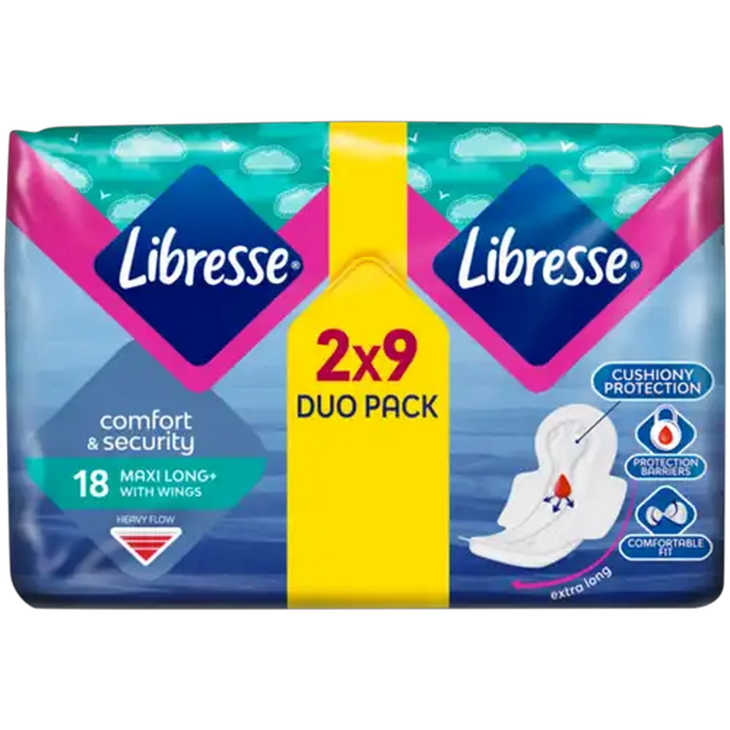 Image of Libresse Heavy Flow Maxi Long+ Sanitary Pads with Wings 18 Pack