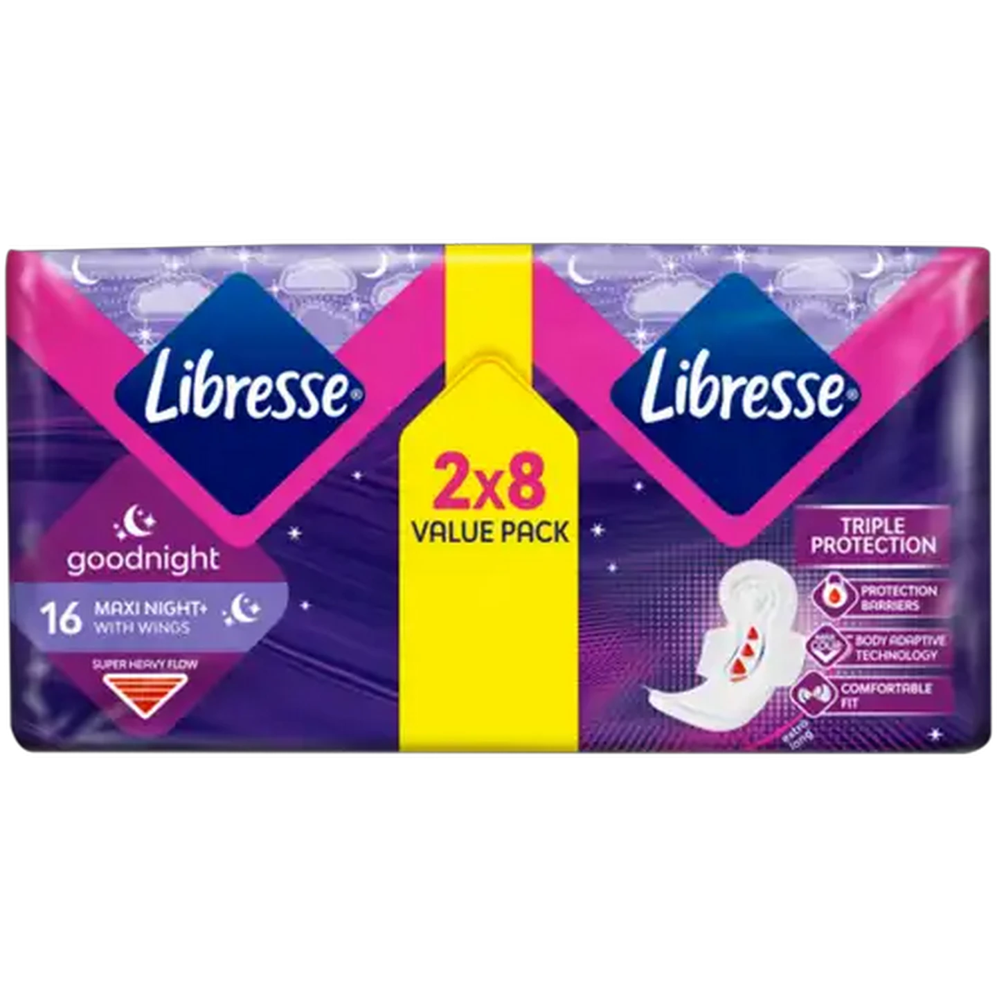 Image of Libresse Super Heavy Flow Maxi Night+ Sanitary Pads with Wings 16 Pack