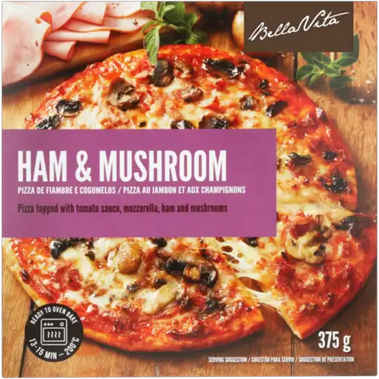 Image of Bella Vita Frozen Ham & Mushroom Pizza 375g
