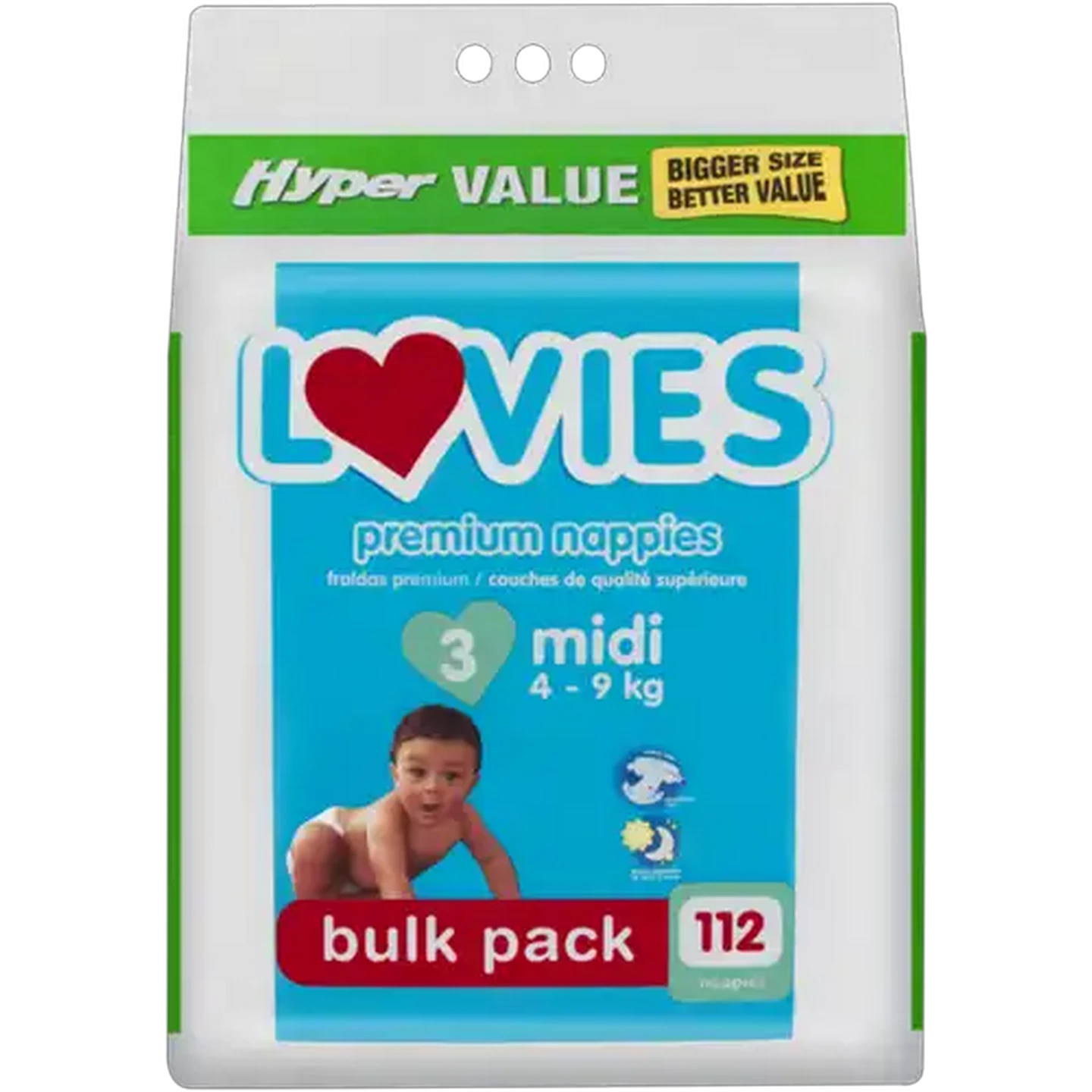Image of Lovies Hyper Value Size 3 4-9kg Midi Premium Nappies 112 Pack