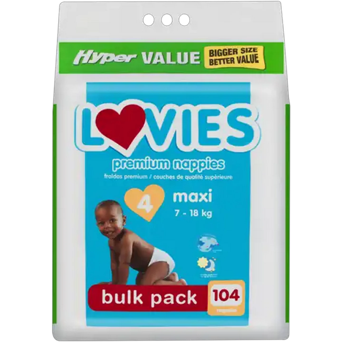 Image of Lovies Hyper Value Size 4 7-18kg Maxi Premium Nappies 104 Pack