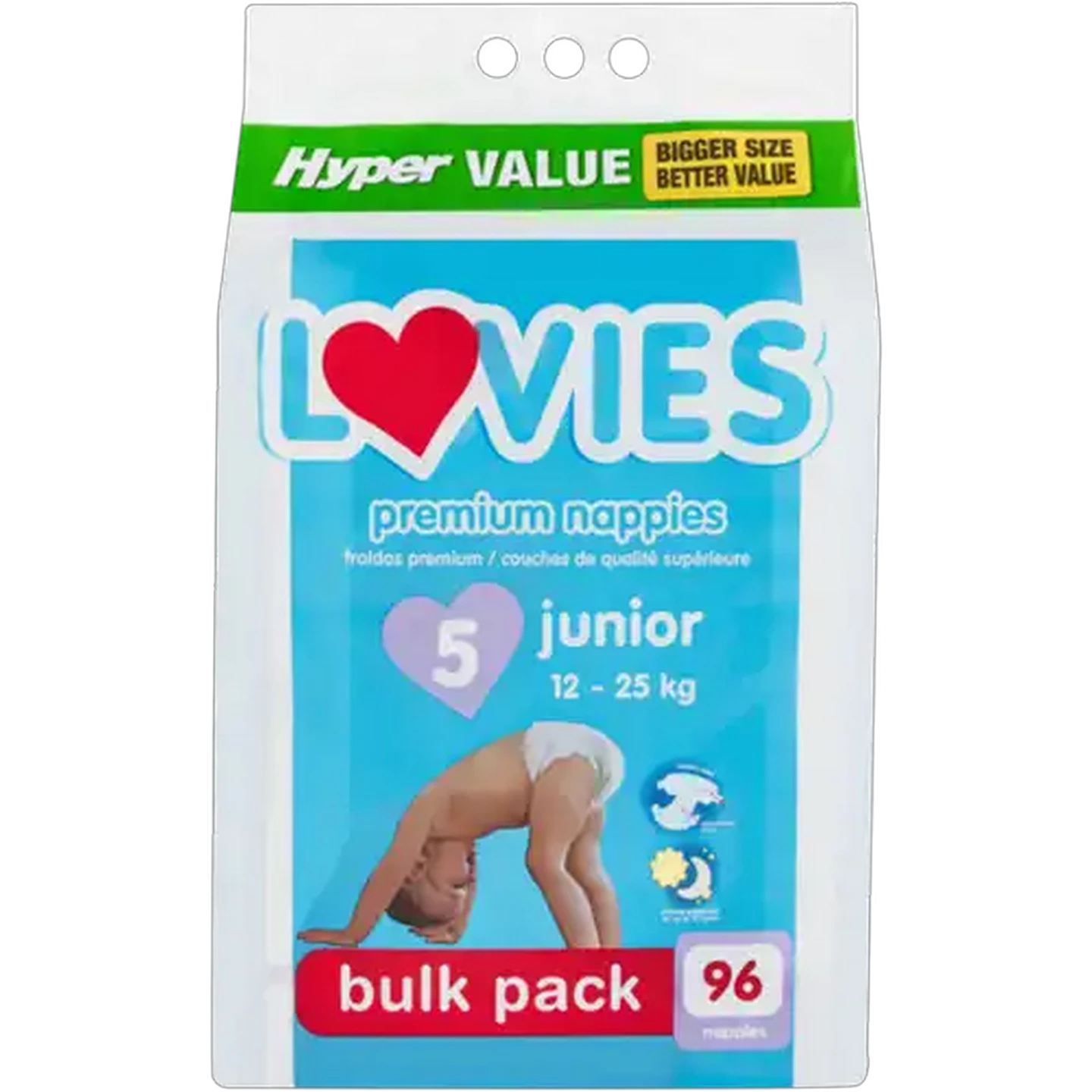 Image of Lovies Hyper Value Size 5 12-25kg Junior Premium Nappies 96 Pack