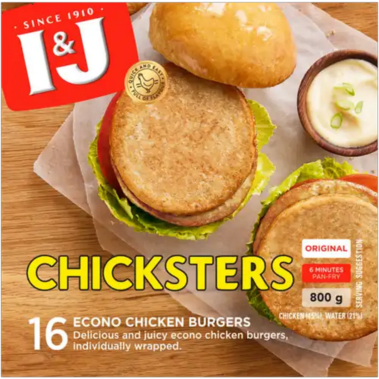 Image of I&J Chicksters Original Frozen Econo Chicken Burgers 800g