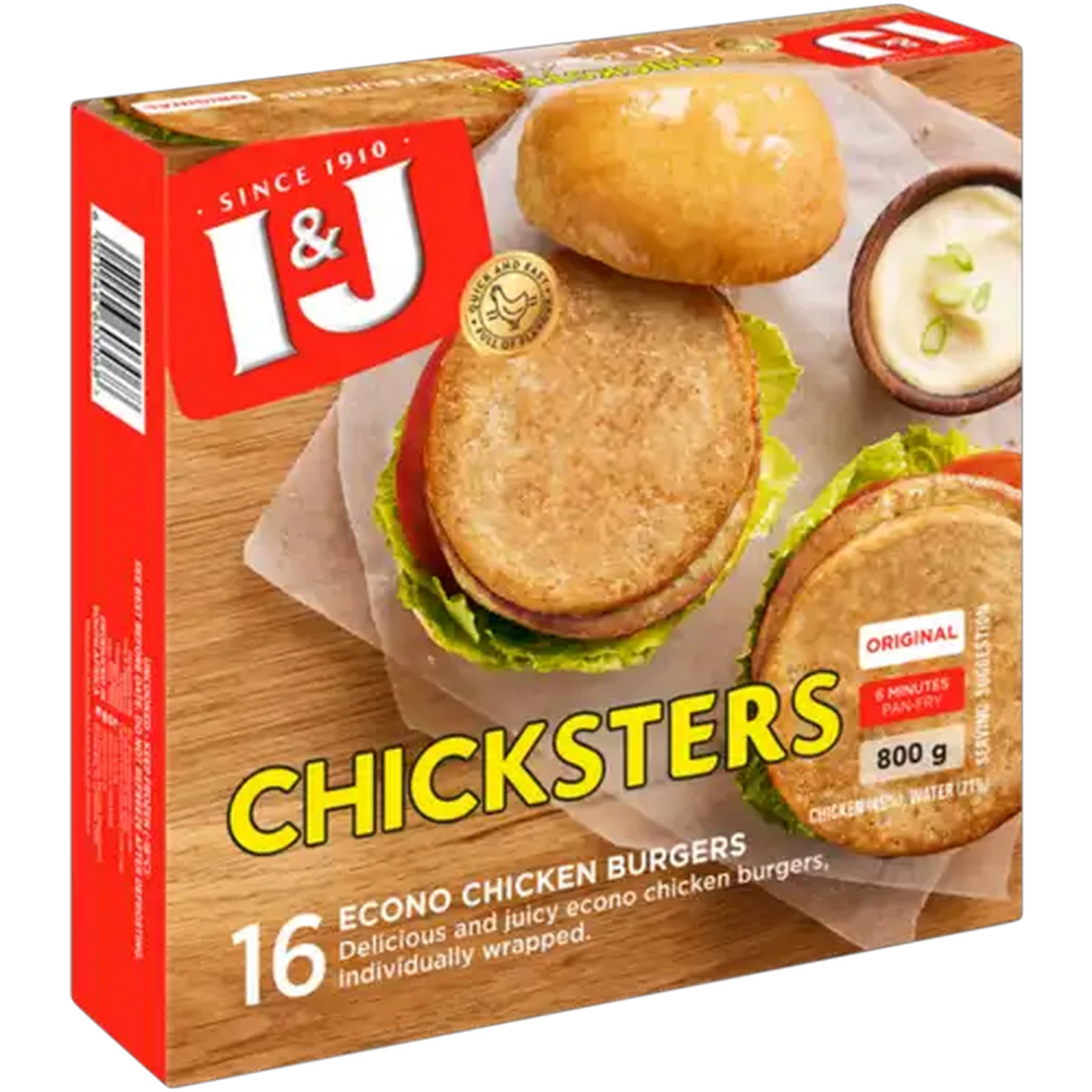 Image of I&J Chicksters Original Frozen Econo Chicken Burgers 800g