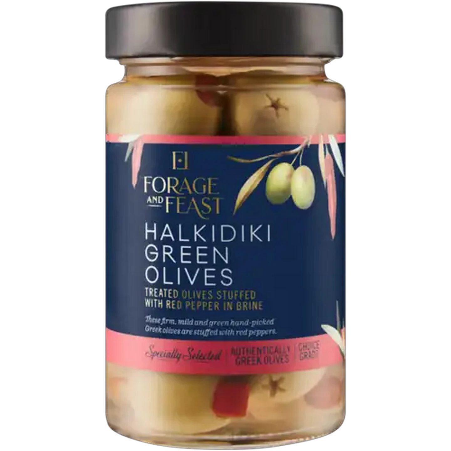 Image of Forage And Feast Red Pepper Stuffed Halkidiki Green Olives 300g