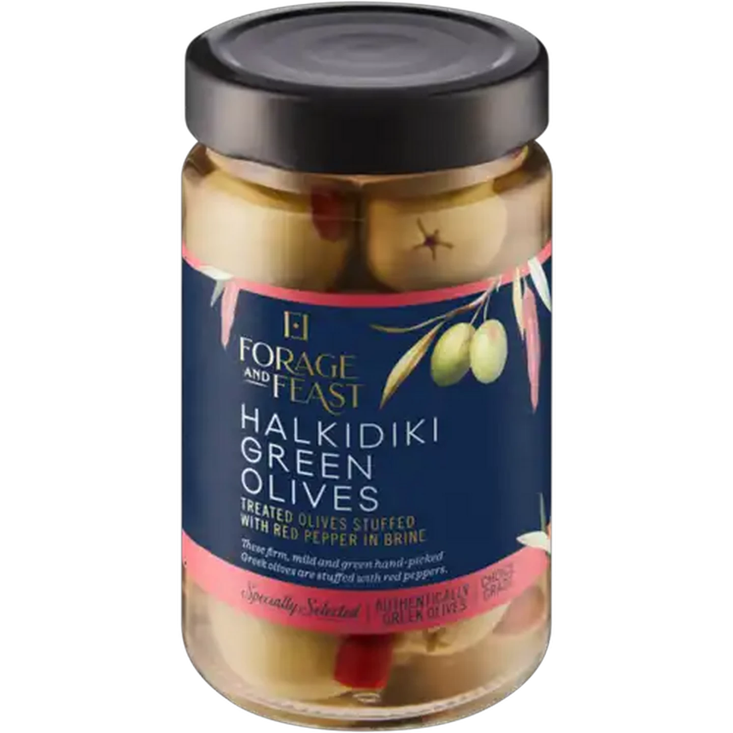 Image of Forage And Feast Red Pepper Stuffed Halkidiki Green Olives 300g