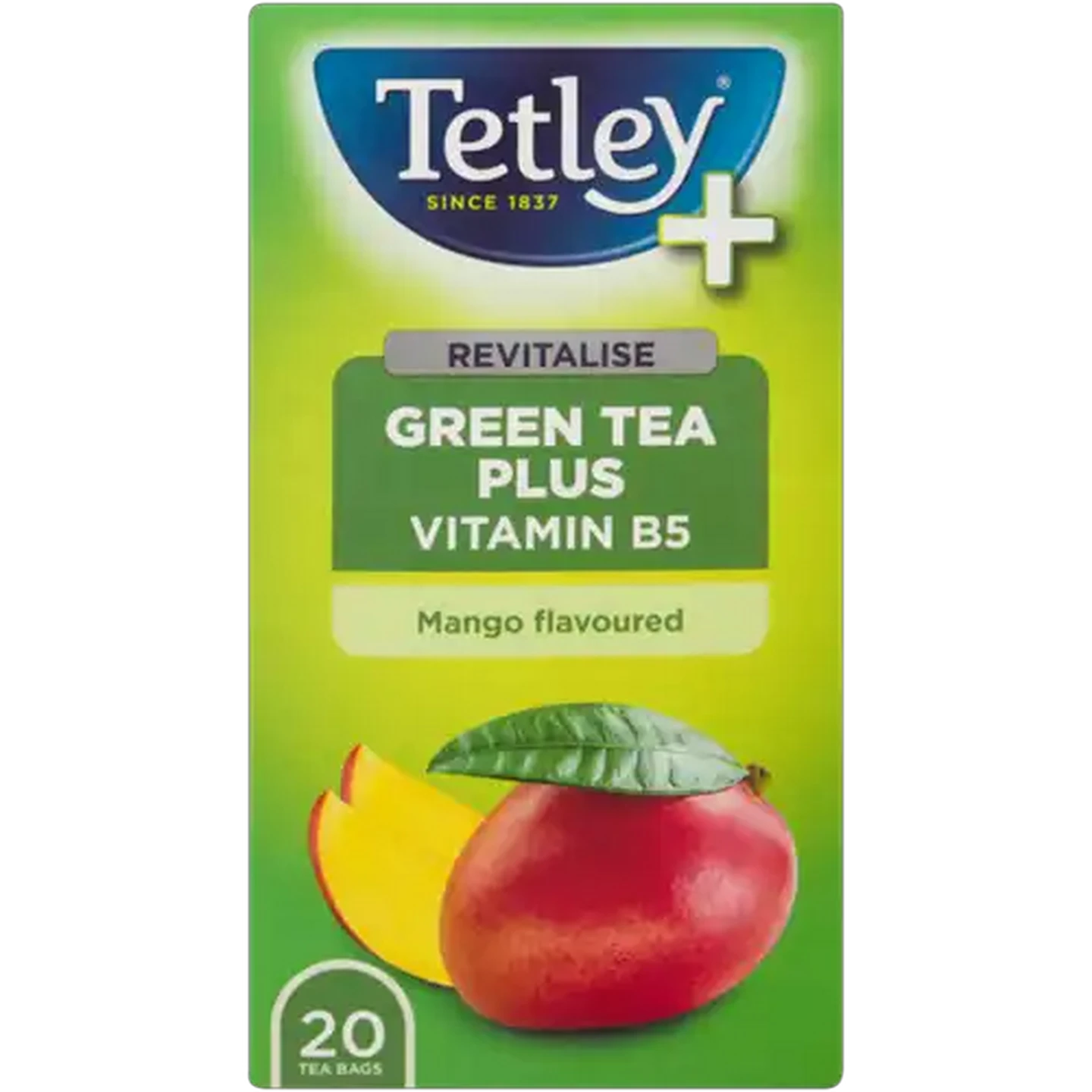 Image of Tetley+ Mango Flavoured Green Tea With Vitamin B5 Teabags 20 Pack