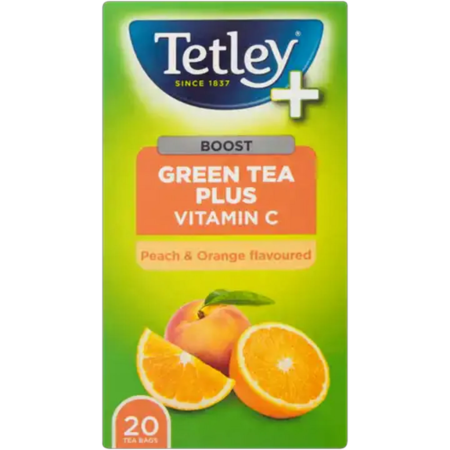 Image of Tetley+ Peach & Orange Flavoured Green Tea Teabags 20 Pack