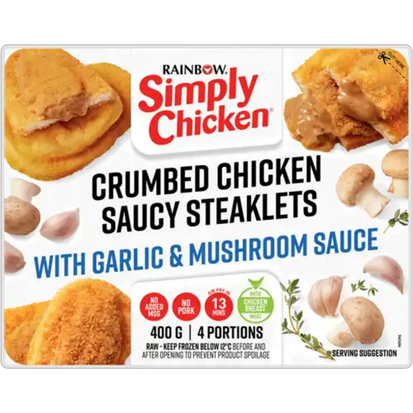 Image of RAINBOW Simply Chicken Frozen Crumbed Chicken Saucy Steaklets with Garlic & Mushroom Sauce 4 Pack