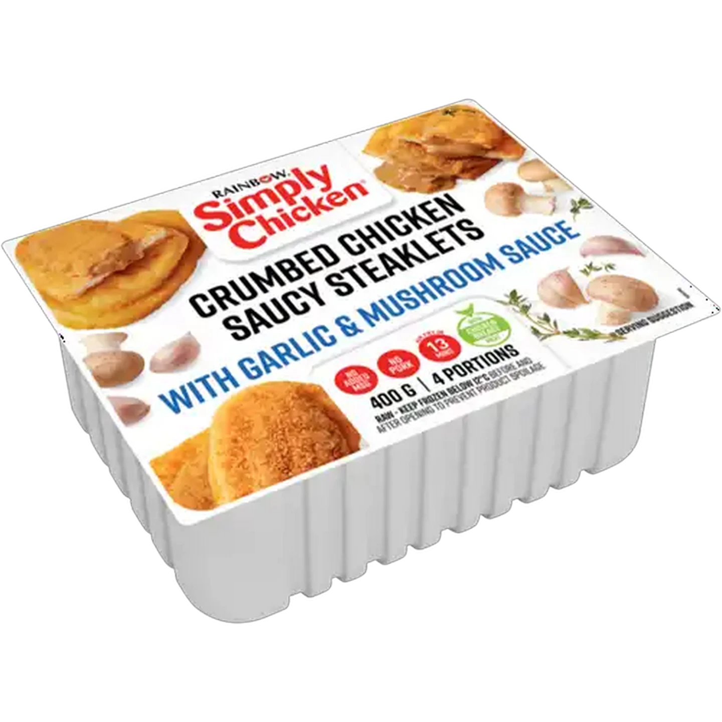 Image of RAINBOW Simply Chicken Frozen Crumbed Chicken Saucy Steaklets with Garlic & Mushroom Sauce 4 Pack