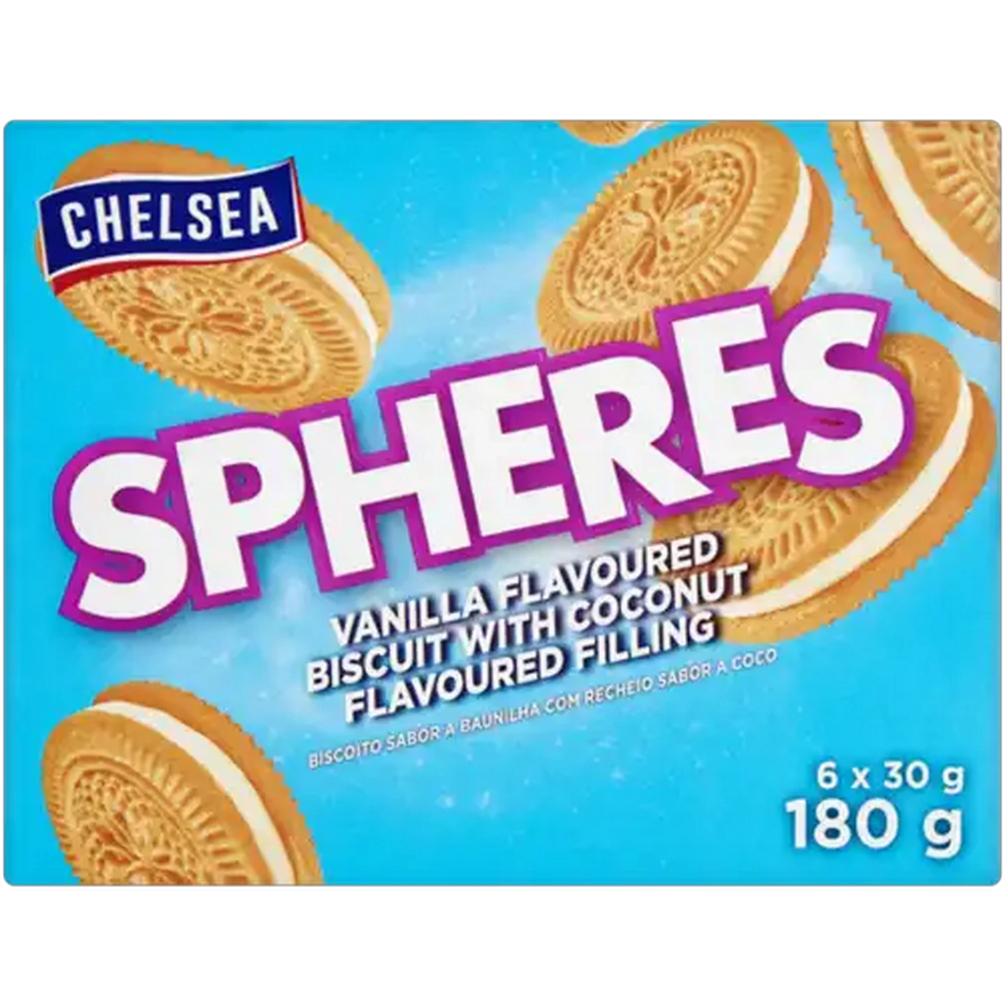 Image of Chelsea Spheres Vanilla Flavoured Biscuit with Coconut Flavoured Filling 6 x 30g