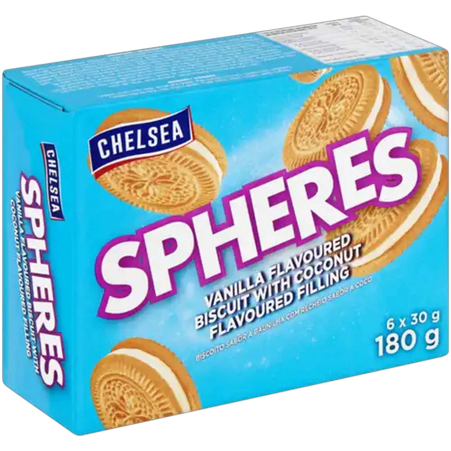 Image of Chelsea Spheres Vanilla Flavoured Biscuit with Coconut Flavoured Filling 6 x 30g