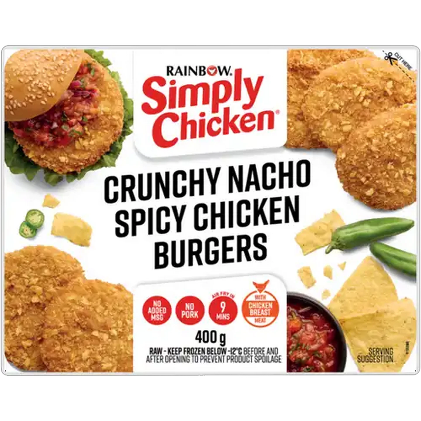 Image of RAINBOW Simply Chicken Frozen Crunchy Nacho Spicy Chicken Burgers 400g