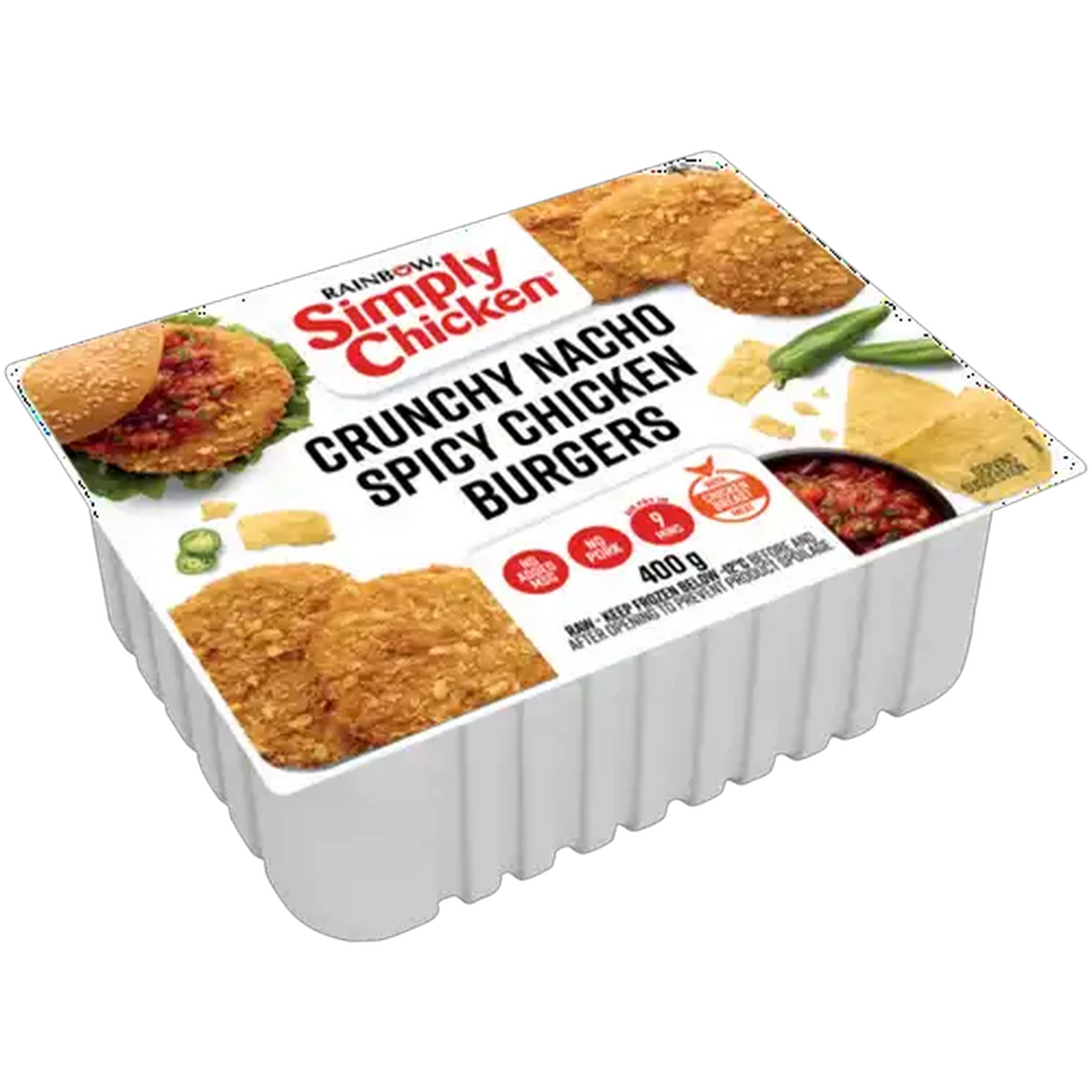 Image of RAINBOW Simply Chicken Frozen Crunchy Nacho Spicy Chicken Burgers 400g