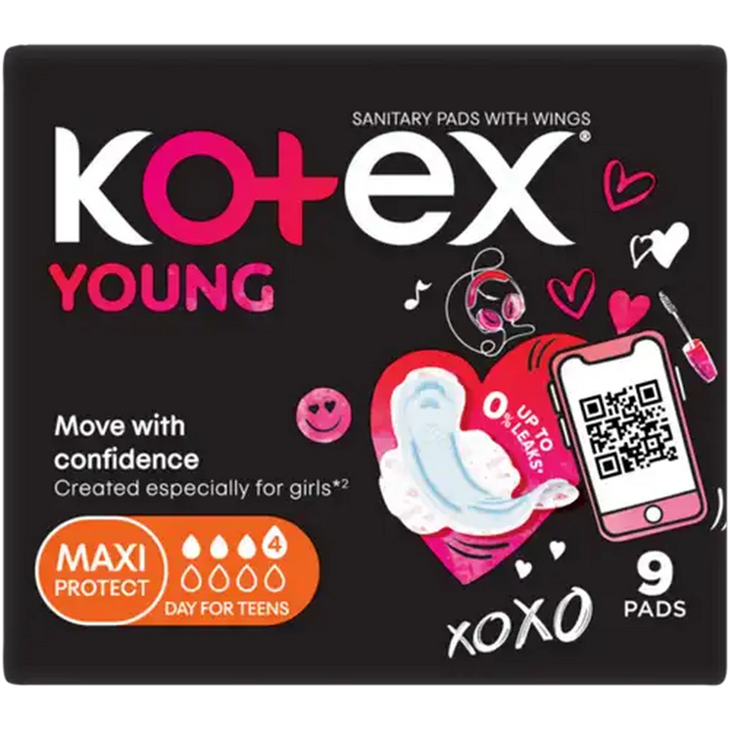 Image of Kotex Young Maxi Protect Sanitary Pads with Wings 9 Pack