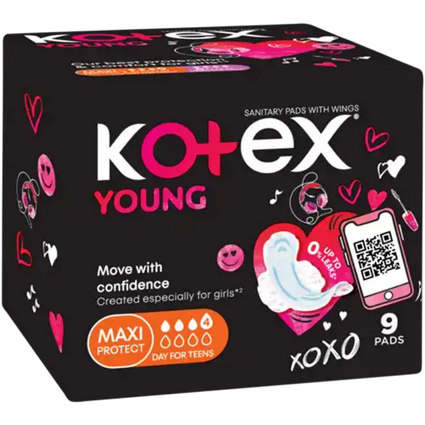 Image of Kotex Young Maxi Protect Sanitary Pads with Wings 9 Pack