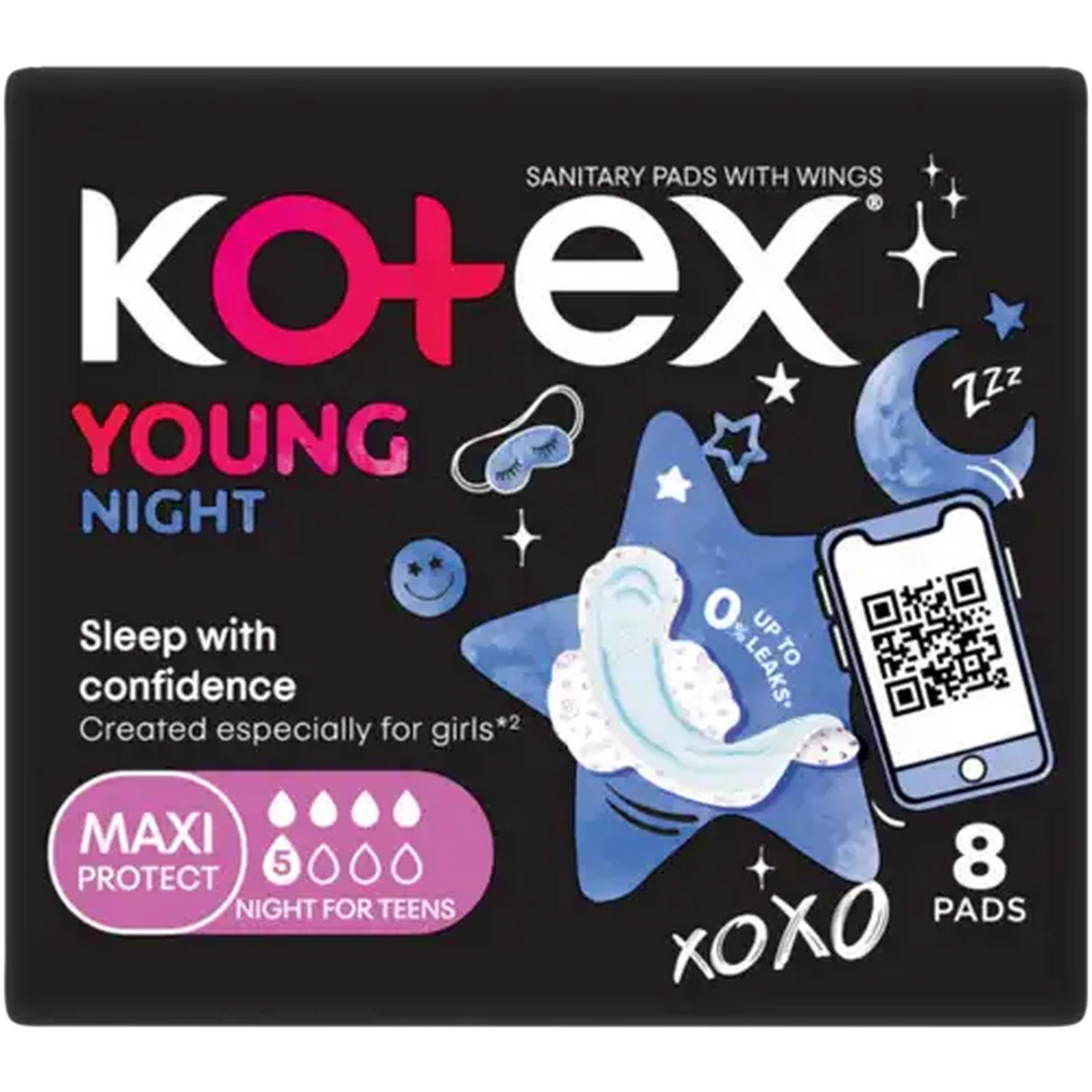 Image of Kotex Young Maxi Protect Night Sanitary Pads with Wings 8 Pack