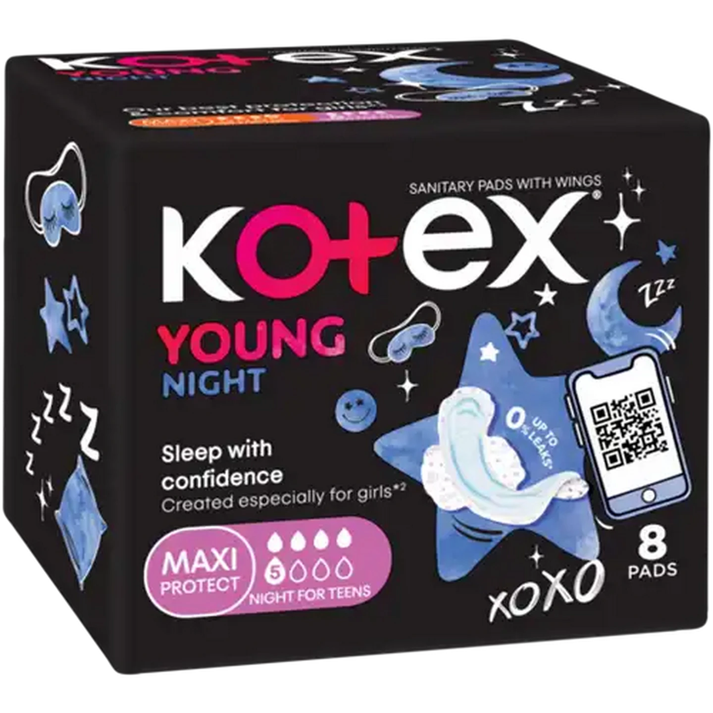 Image of Kotex Young Maxi Protect Night Sanitary Pads with Wings 8 Pack