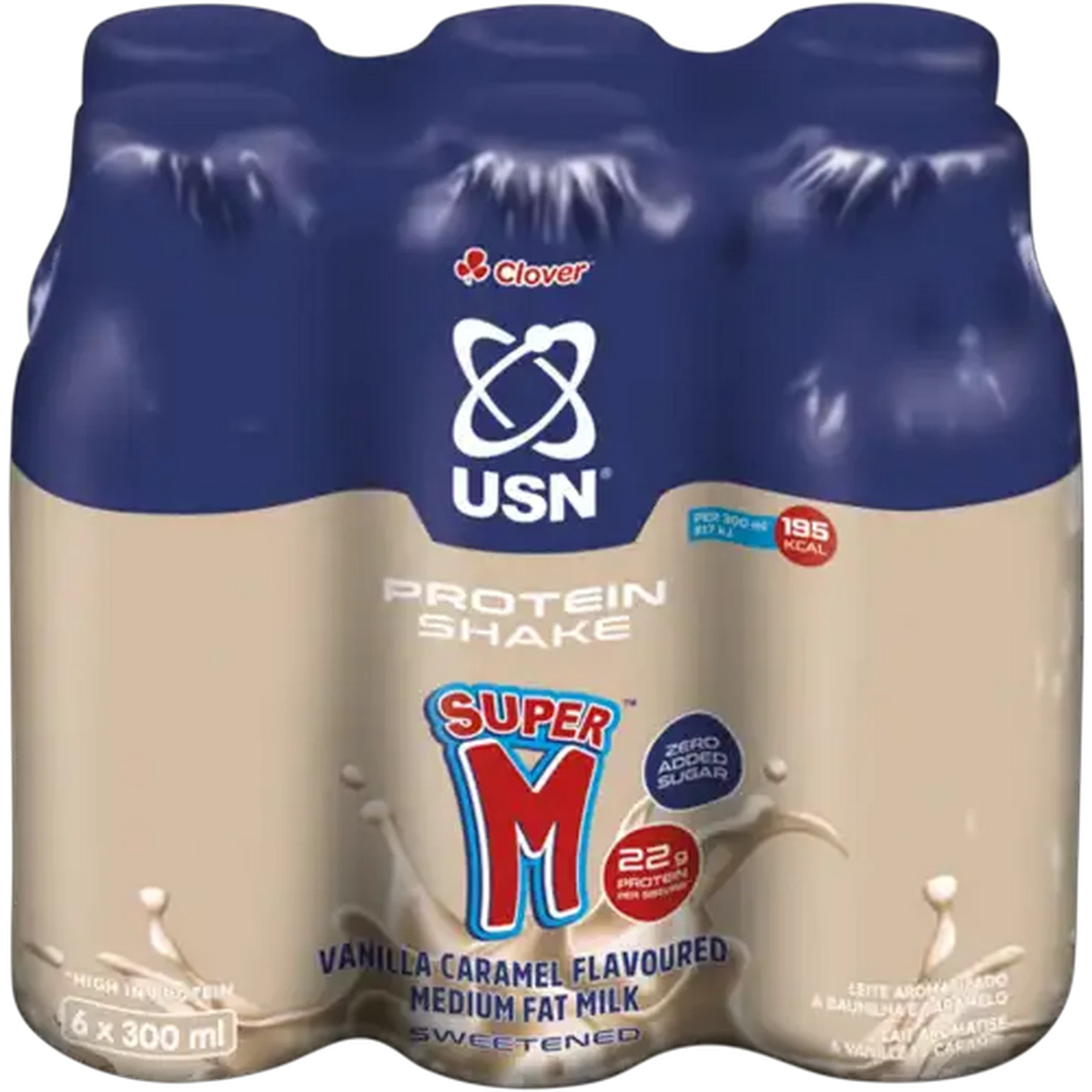 Image of Clover Super M USN Vanilla Caramel Flavoured Medium Fat Protein Shake 6 x 300ml