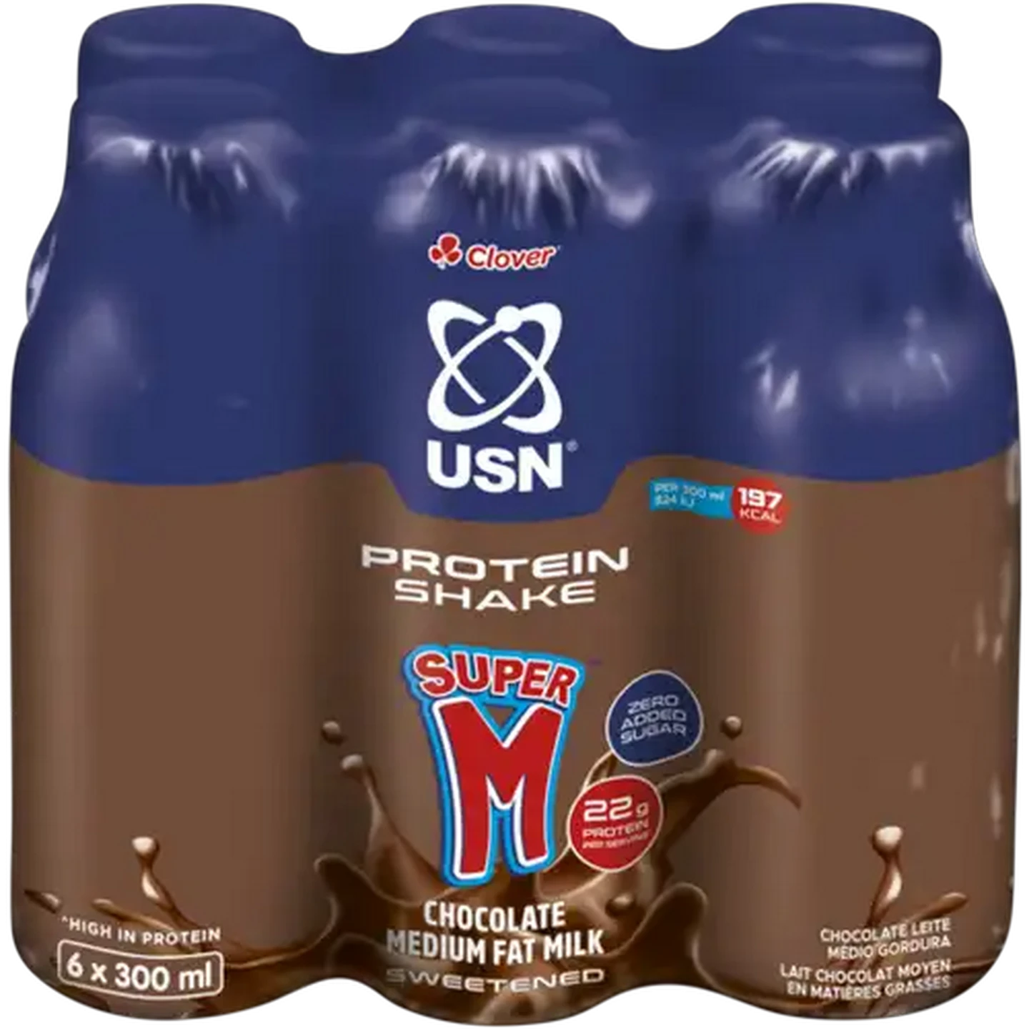 Image of Clover Super M USN Chocolate Flavoured Medium Fat Protein Shake 6 x 300ml