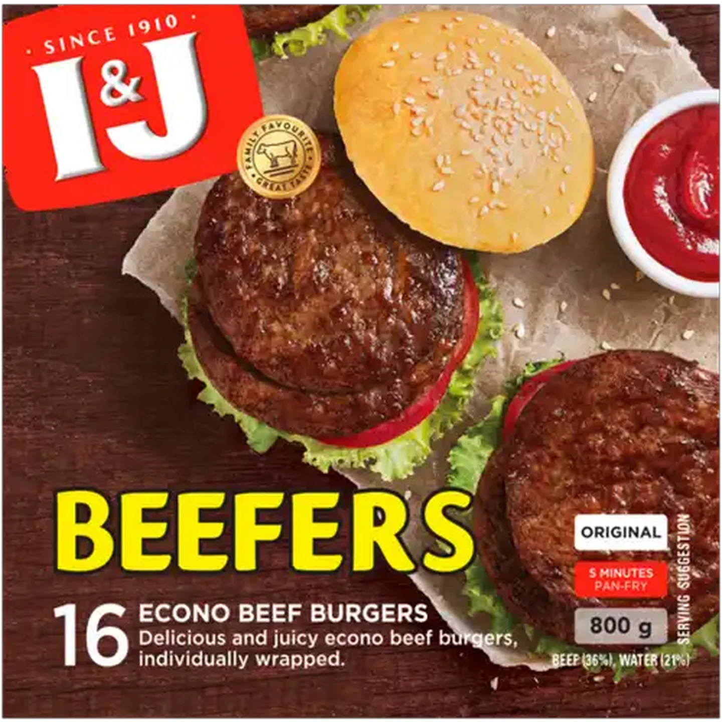 Image of I&J Beefers Original Frozen Econo Beef Burgers 800g