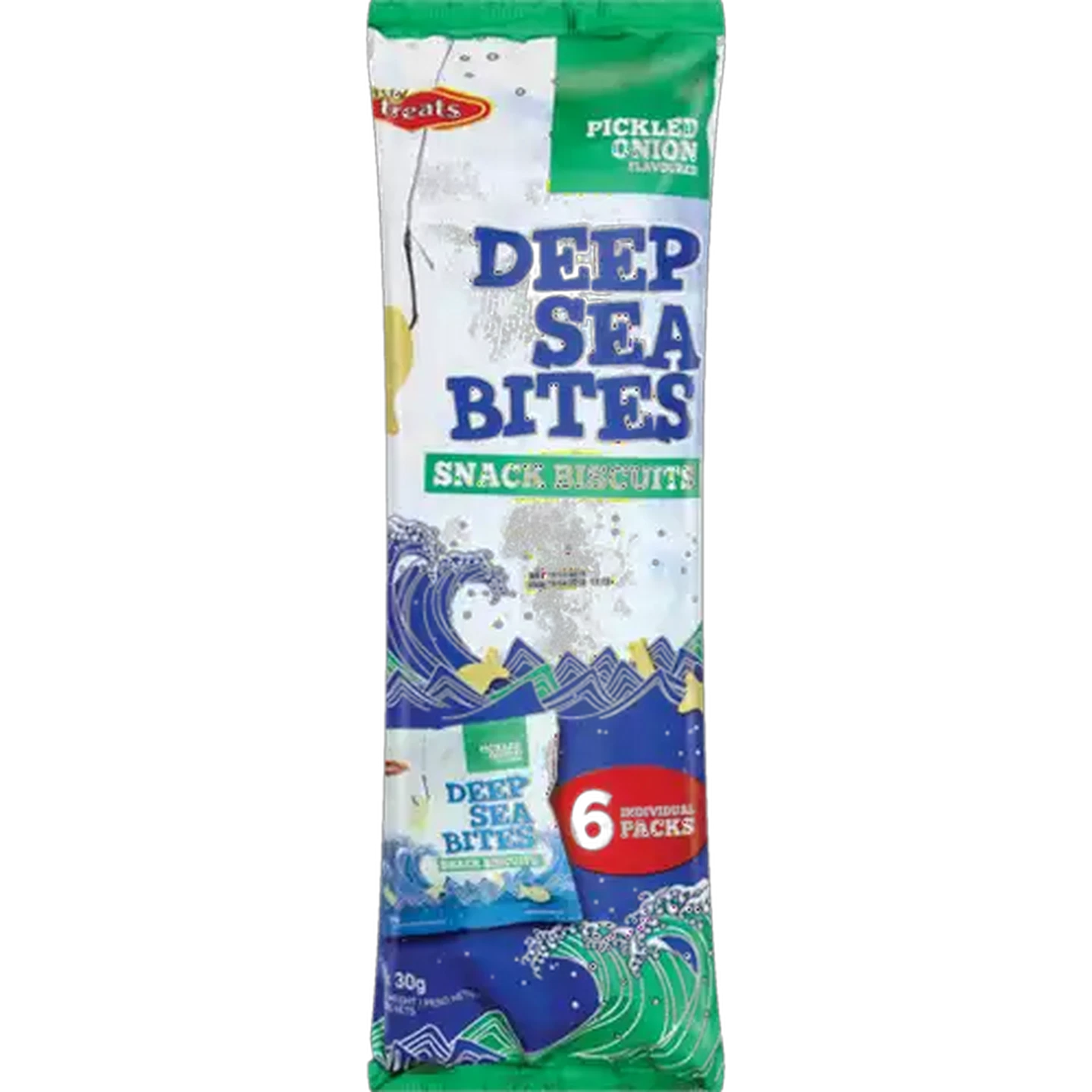 Image of Tasty Treats Deep Sea Bites Pickled Onion Flavoured Snack Biscuits 6 x 30g