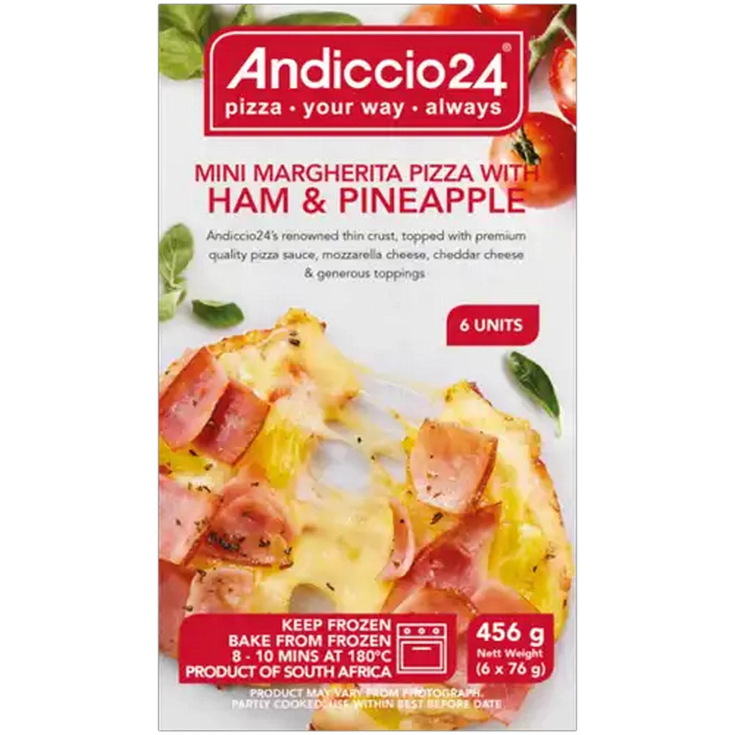 Image of Andiccio24 Frozen Mini Margherita Pizza with Ham & Pineapple 6 x 76g