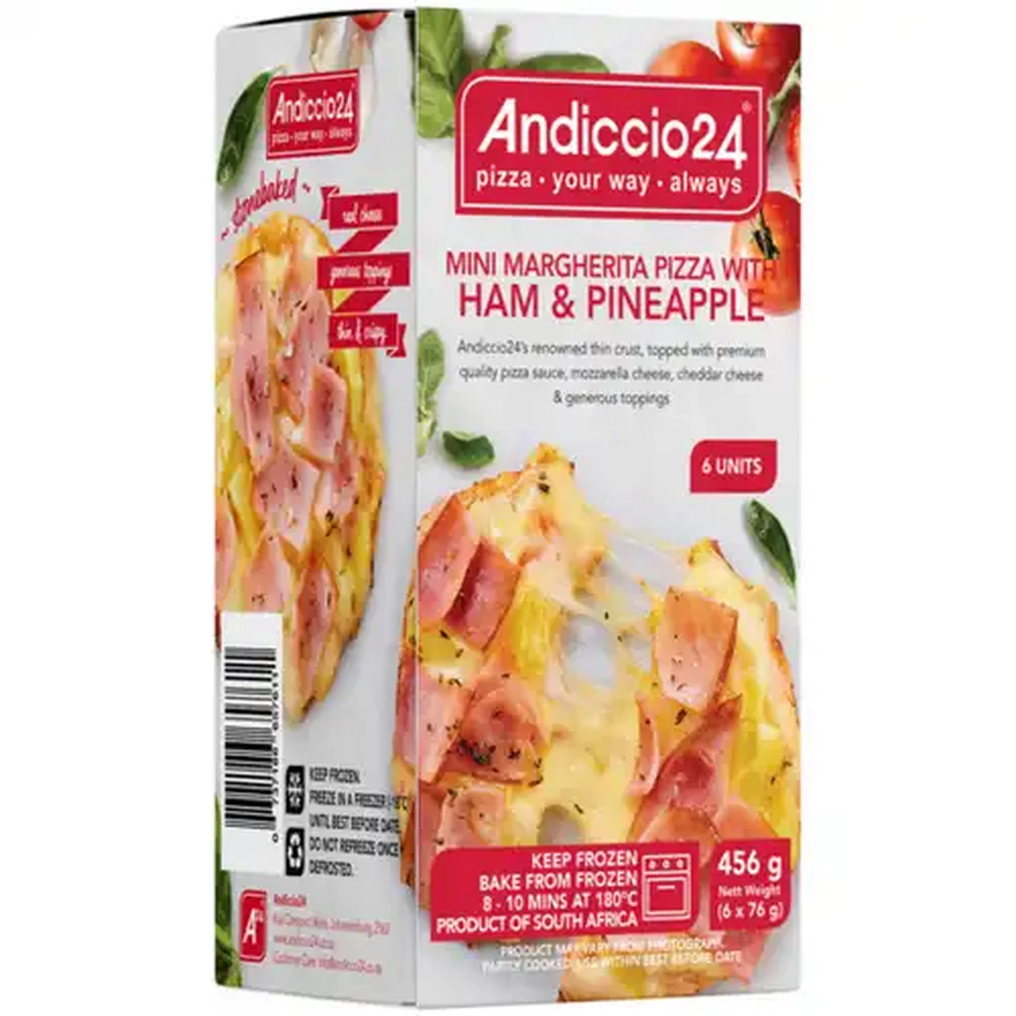 Image of Andiccio24 Frozen Mini Margherita Pizza with Ham & Pineapple 6 x 76g