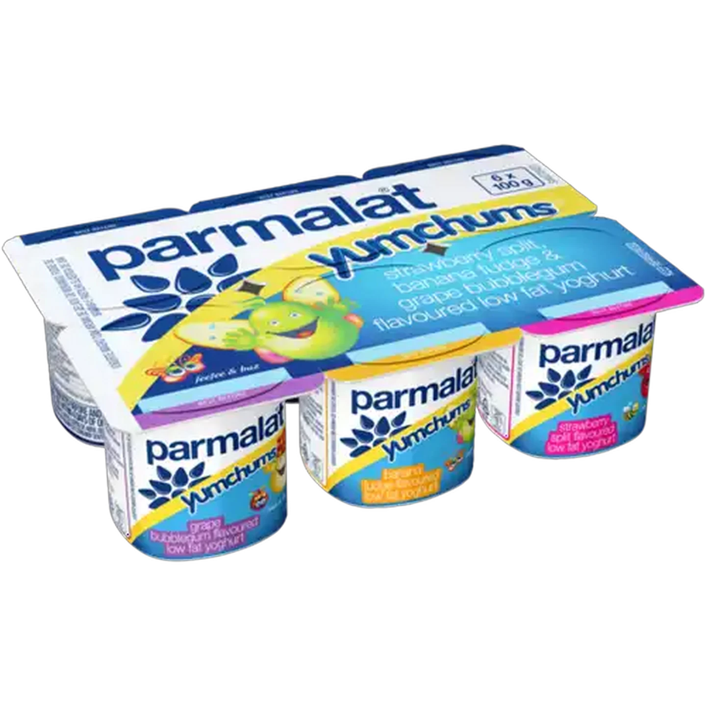 Image of Parmalat Yumchums Strawberry Split/Banana Fudge/Grape Bubblegum Flavoured Low Fat Yoghurt Multipack 6 x 100g