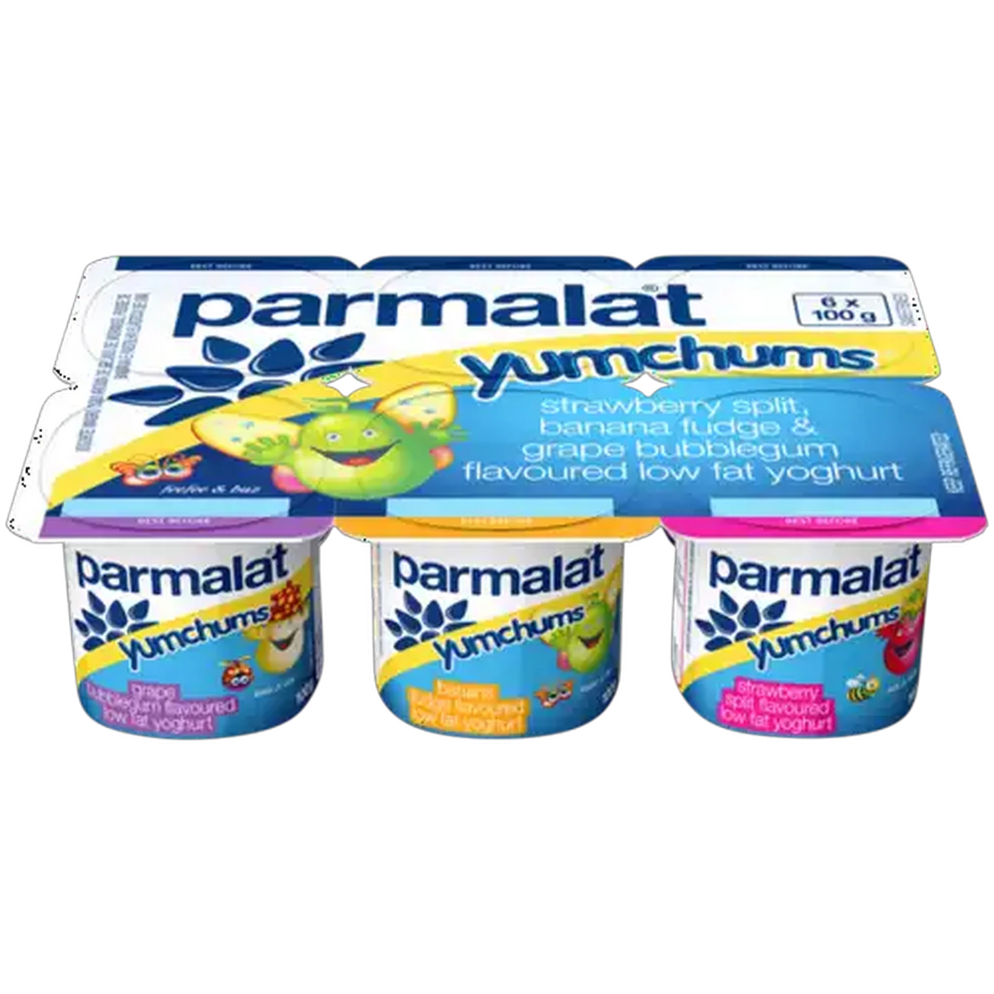 Image of Parmalat Yumchums Strawberry Split/Banana Fudge/Grape Bubblegum Flavoured Low Fat Yoghurt Multipack 6 x 100g
