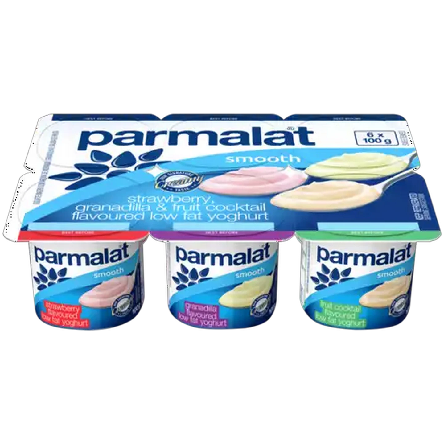 Image of Parmalat Smooth Medium Fat Strawberry/Granadilla/Fruit Cocktail Multipack Yoghurt 6 x 100g