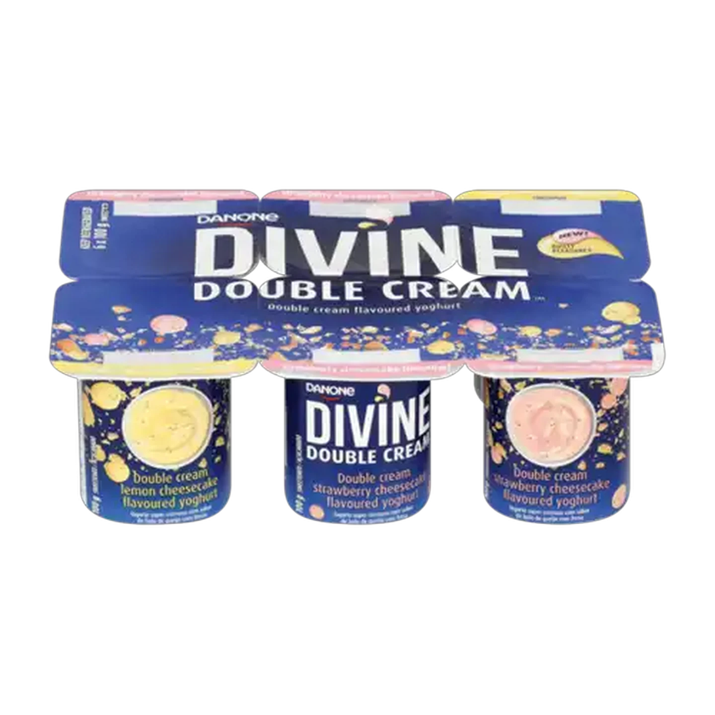 Image of Danone Divine Double Cream Lemon Cheesecake/Strawberry Cheesecake Flavoured Yoghurt 6 x 100g