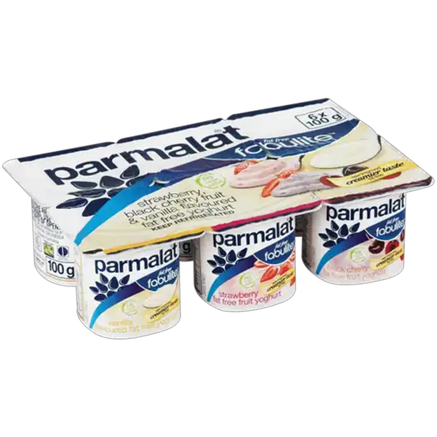 Image of Parmalat Fabulite Fat Free Vanilla/Strawberry/Black Cherry Yoghurt 6 x 100g