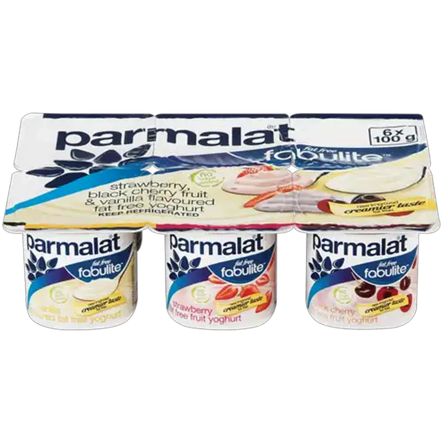 Image of Parmalat Fabulite Fat Free Vanilla/Strawberry/Black Cherry Yoghurt 6 x 100g
