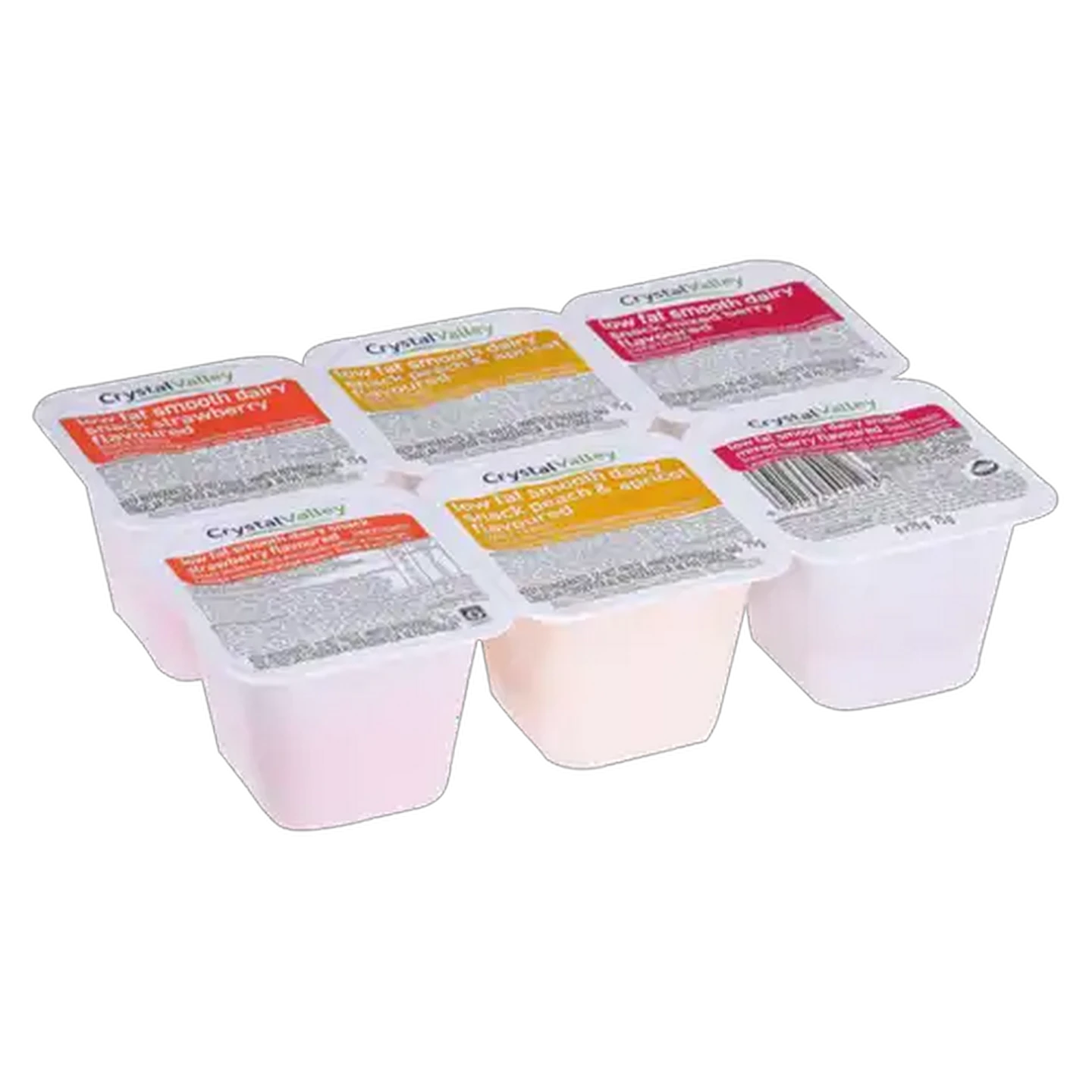 Image of Crystal Valley Strawberry, Peach & Apricot & Mixed Berry Flavoured Smooth Low Fat Dairy Snack 6 x 75g