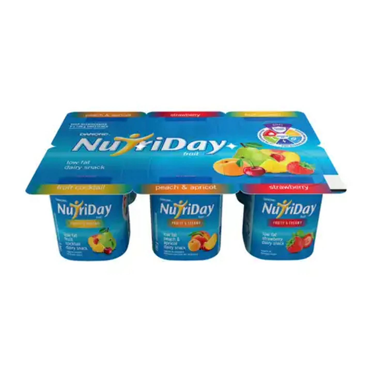 Image of Danone NutriDay Fruit Cocktail, Peach & Apricot And Strawberry Flavoured Low Fat Dairy Snack 6 x 100g