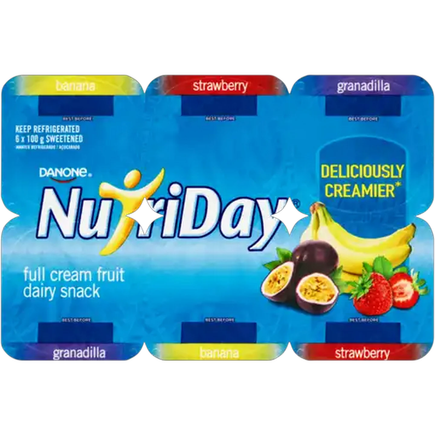 Image of Danone NutriDay Banana, Strawberry & Granadilla Full Cream Fruit Dairy Snack 6 x 100g